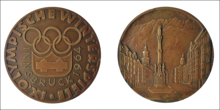 Stamp of Olympics 1964 Innsbruck participation medal in bronze, 61mm
