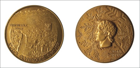 Stamp of Olympics 1968 Grenoble participation medal in bronze, 68mm,