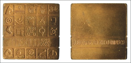 Stamp of Olympics 1968 Mexico participation medal in copper, 50mm, v