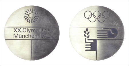Stamp of Olympics 1972 Munich participation medal in steel with orig