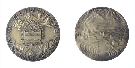 Stamp of Olympics 1976 Innsbruck participation medal in silvered bro