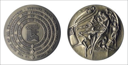 Stamp of Olympics 1980 Lake Placid participation medal in bronze wit