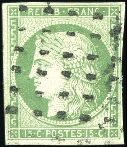 Stamp of France 1849 15c vert, obl. gros points, bien margé, TB, s