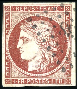 Stamp of France 1849 1F carmin clair, obl. PC, filets intacts, TB,
