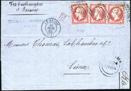 Stamp of France 1862 80c Empire dentelé x3 obl. GC1769 sur lettre 