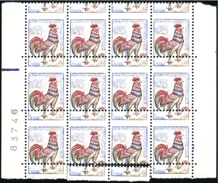 Stamp of France 1962 0.25 Coq de Decaris, spectaculaire bloc de 12
