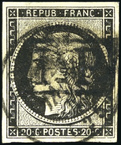 Stamp of France 1849 20c noir obl. T15 de Loriol (Drôme) 02.01.49 