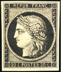 Stamp of France 1849 20c noir sur CHAMOIS, neuf, TB, signé Calves,