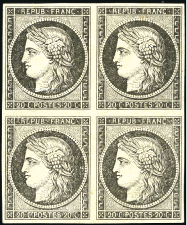 Stamp of France 1849 20c noir impression dépouillée en bloc de 4 n