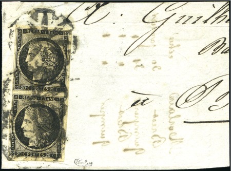 Stamp of France 1849 20c noir en paire obl. rosace d'Agen sur frag