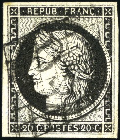 Stamp of France 1849 20c noir obl. cachet d'un bureau annexe de Pa