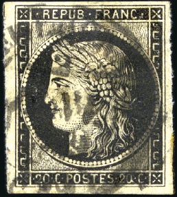 Stamp of France 1849 20c noir obl. moyen càd T14 du 2 janvier 1849
