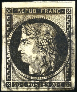 Stamp of France 1849 20c noir obl. moyen càd T14 du 4 janvier 1849