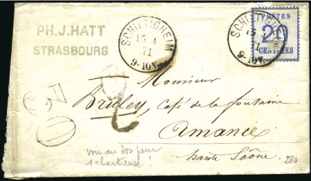 Stamp of France » Guerre de 1870-1871 Alsace-Lorraine : 20c bleu obl. Schiltigheim 15.04
