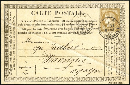 Stamp of France 1876 15c Cérès obl. càd Lyon 31.03.76 sur carte pr