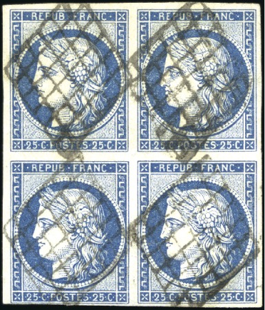 Stamp of France 1849 25c Cérès en bloc de 4 bien margé, obl. propr
