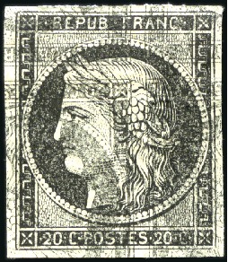 Stamp of France 1849 20c, +40 essais de couleurs, coussinets, à no