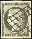 Stamp of France 1849 20c GRIS obl. grille propre, TB, cert. Calves