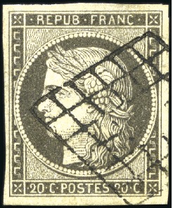 Stamp of France 1849 20c GRIS obl. grille propre, TB, cert. Calves