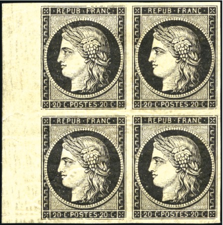 Stamp of France 1849 20c noir sur jaune en bloc de 4 neuf, paire d