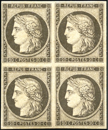 Stamp of France 1849 20c noir, Réimpression de 1862 en bloc de 4 n