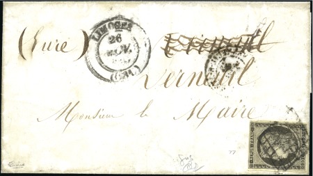 Stamp of France 1849 20c GRIS obl. grille sur lettre de Limoges T1