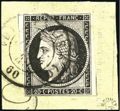 Stamp of France 1849 20c noir obl. càd T15 de Paris (D) 1er janvie