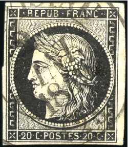 Stamp of France 1849 20c noir obl. grand càd T13 de Landivisiau 2 
