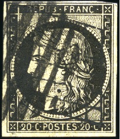 Stamp of France 1849 20c noir obl. cercle de 10 barres de Lille et