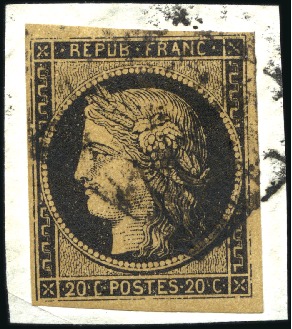 Stamp of France 1849 20c noir sur fauve obl. sur petit fragment, T