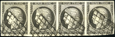 Stamp of France 1849 20c noir en bande de 4 "nuance grisâtre" obl.