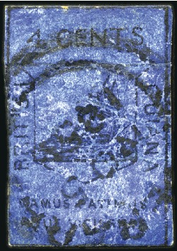 Stamp of British Guiana 1852 Waterlow 4 cents black on deep blue, used wit