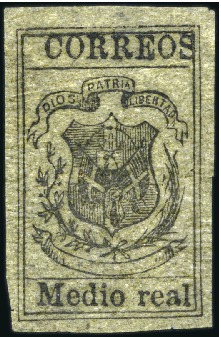 Stamp of Dominican Republic 1867-71 1/2r Black on olive, unwatermarked, on pel
