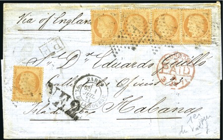 Stamp of France 1870 40c Siège (bande de 4 +isolé) obl. étoile 1 s