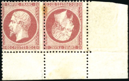 Stamp of France 1862 80c rose en paire TETE-BECHE cdf, une tâche d