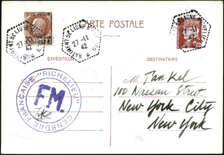 Stamp of France » Poste Aérienne 1942 Entier 1F50 Pétain +1F50 Pétain surchargé Bat