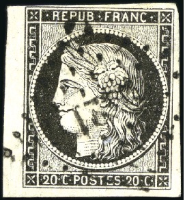 Stamp of France 1849 20c noir obl. losange PETITS CHIFFRES avec pe