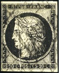 Stamp of France 1849 20c noir, deux variétés "pli accordéon" bien 