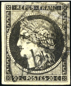 Stamp of France 1849 20c noir obl. cursive 75 L'ABSIE (Deux Sèvres