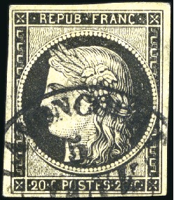 Stamp of France 1849 20c noir obl. moyen cachet à date T14 de Lava