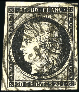 Stamp of France 1849 20c noir obl. deux fois par le grand cachet à