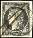 Stamp of France 1849 20c noir obl. T15 de Mirebeau en Poitou du 1e