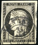 Stamp of France 1849 20c noir, 4 timbres obl. T15 seul : du 2 janv