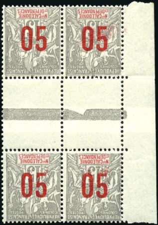 Stamp of Colonies françaises » Nouvelle-Calédonie 1912 SURCHARGE RENVERSEE 05 sur 15c gris en bloc d