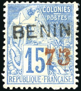 Stamp of Colonies françaises » Bénin 1903-04 75c sur 15c bleu, avec surcharge en rouge,