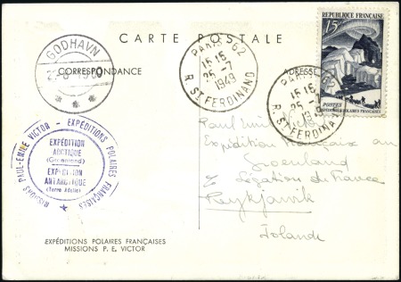 Stamp of Colonies françaises » TAAF 1949 Carte des Expéditions polaires avec timbre de