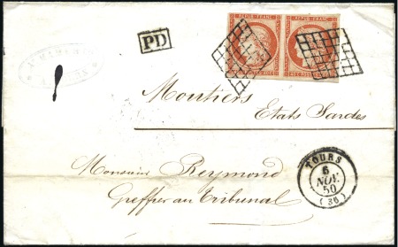 Stamp of France 1849 40c orange en paire, au filet en haut à gauch