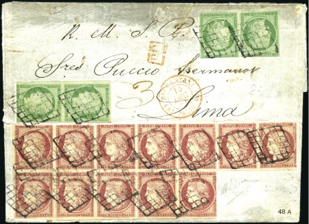 Stamp of France 1849 1F carmin en spectaculaire bloc de 12 +15c ve