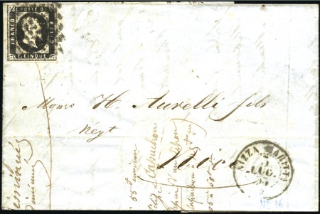 Stamp of Auction catalogues 1853 5c noir, 1ère ém., quatre belles marges, obl.