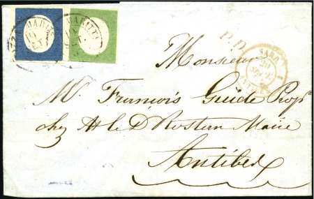 Stamp of Auction catalogues 1854 5c vert +20c bleu (3è ém.) obl. càd Nizza Mar